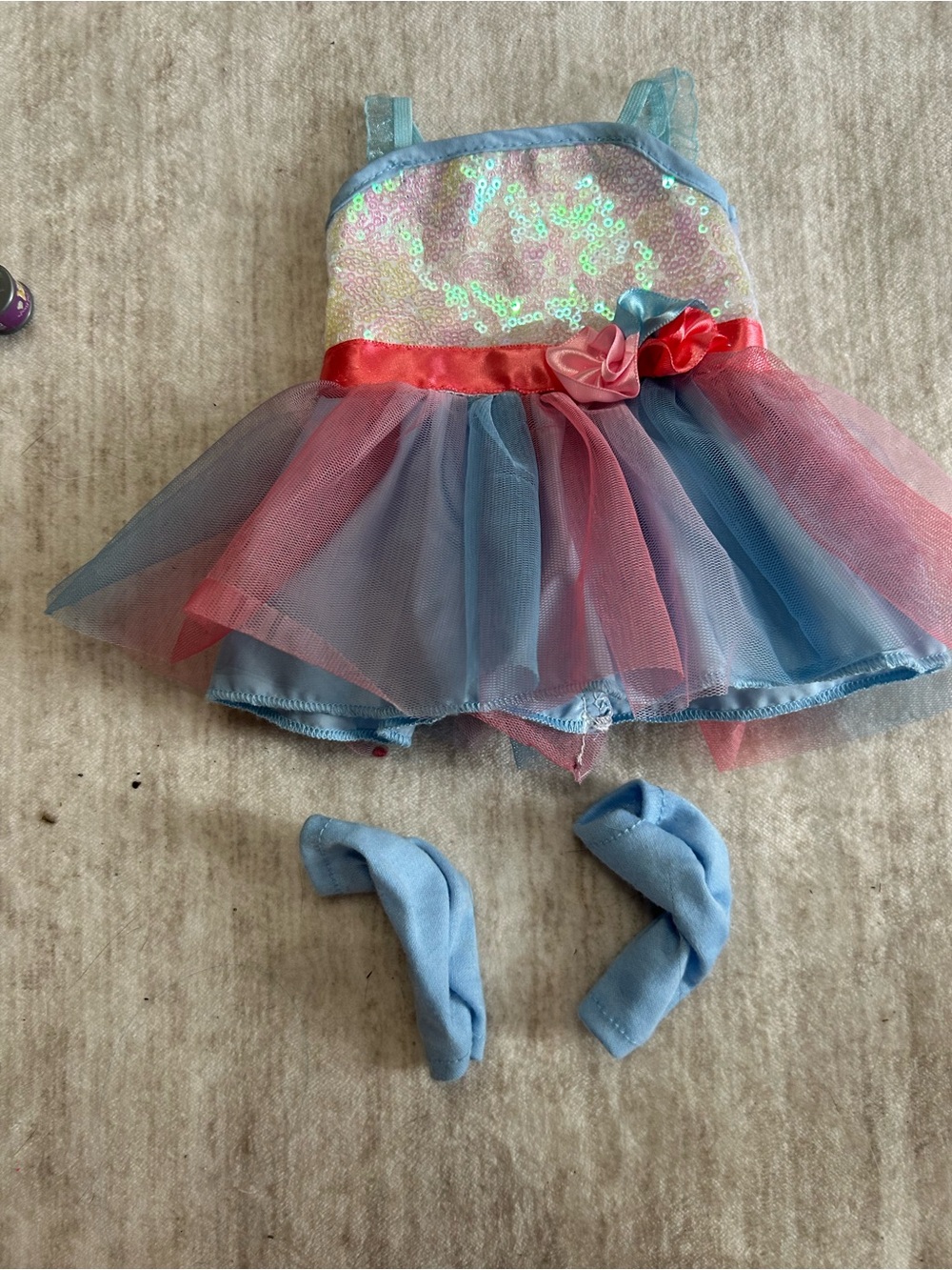 Sequin Bodice Blue & Pink Tulle Doll Dress with Ribbon Accent